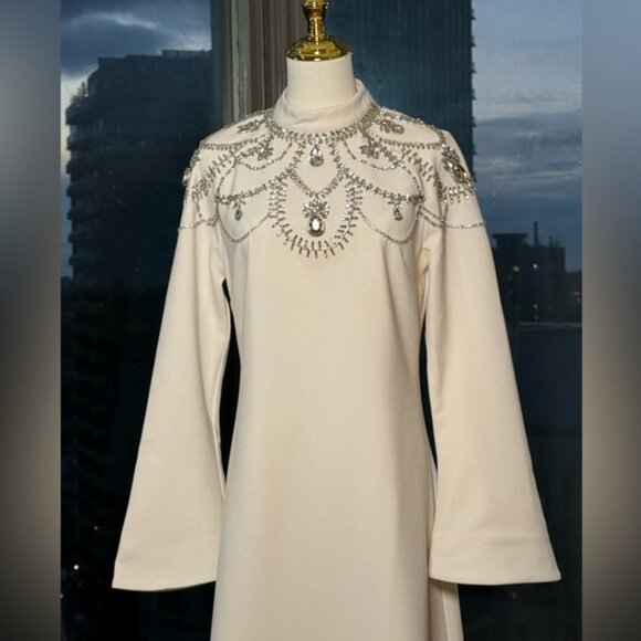 🆕 SIMKHAI 🧿 NWOT Odetta Crystal Embellished Cream Long Sleeve Midi Dress, Sz 8 - Picture 13 of 16